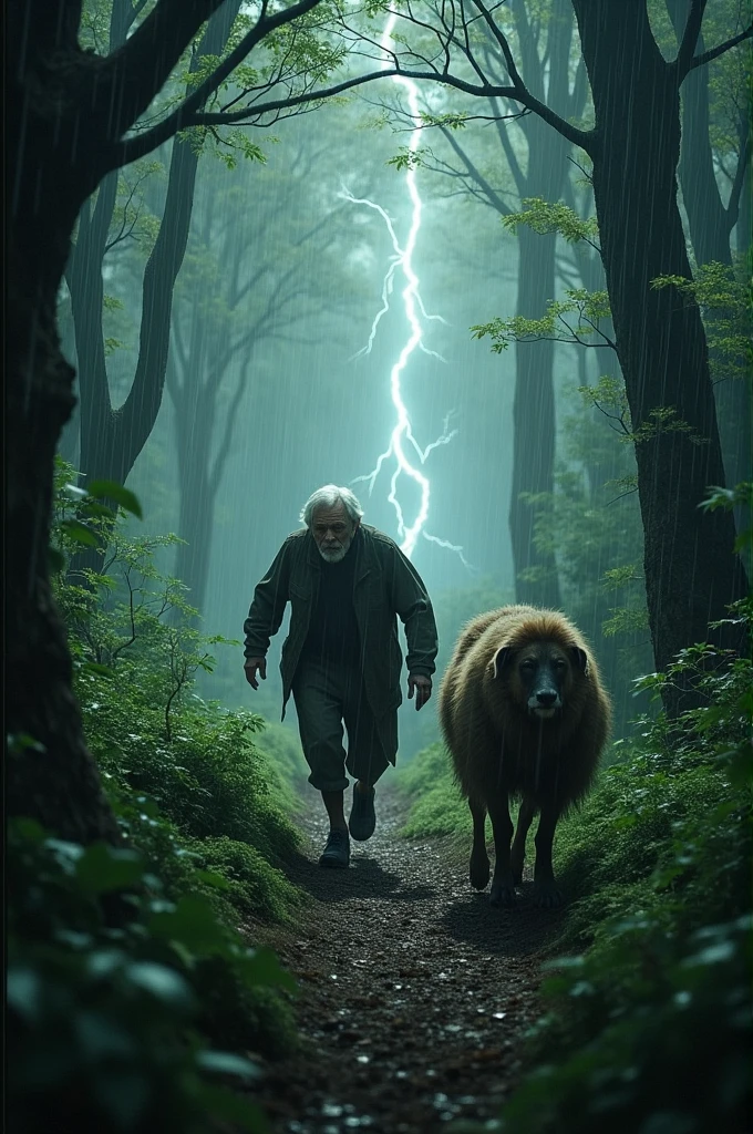Create a old man enters into to deep forest with sheperd then suddenly rain start with hunder strom then they run fastly