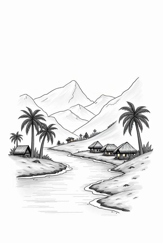 Simple Landscape sketch with mountain river coconut tree houses and land without colour