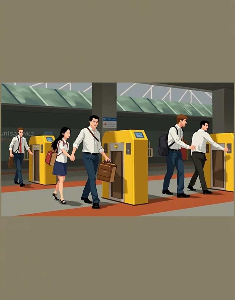 several people passing through a turnstile