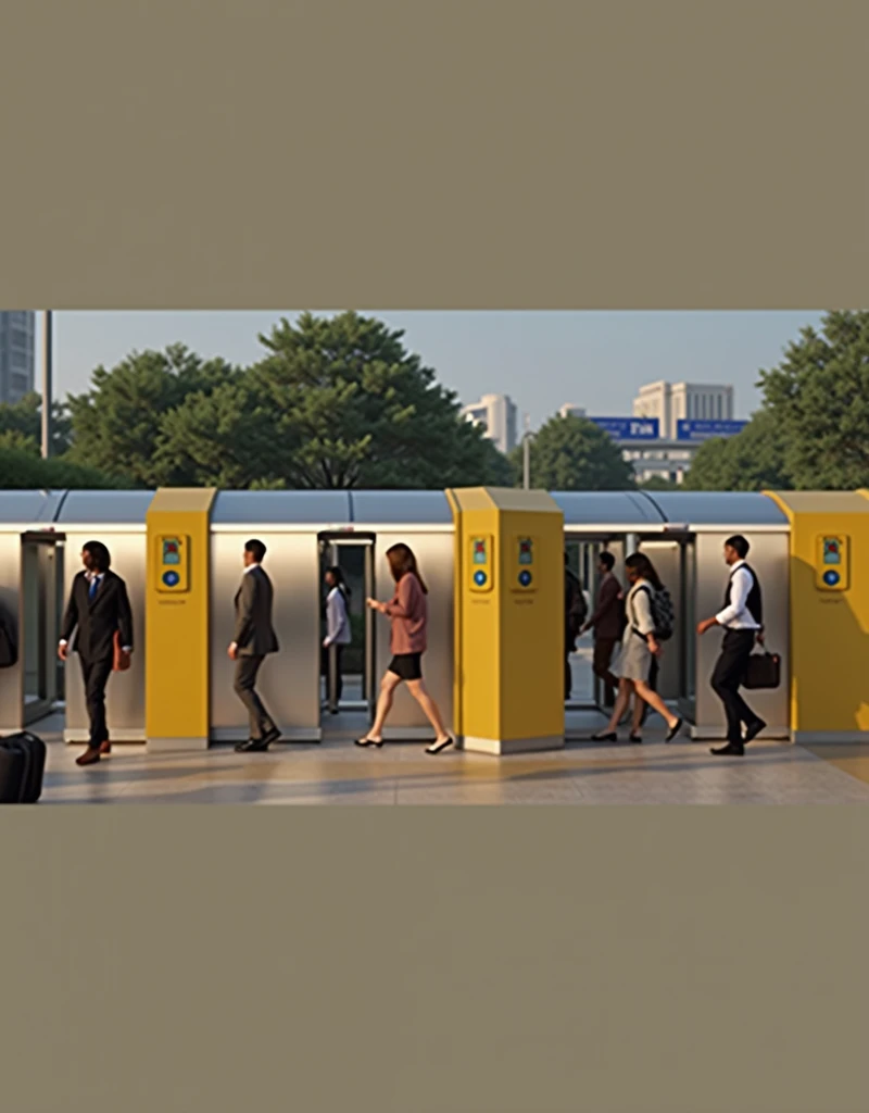 several people passing through a turnstile