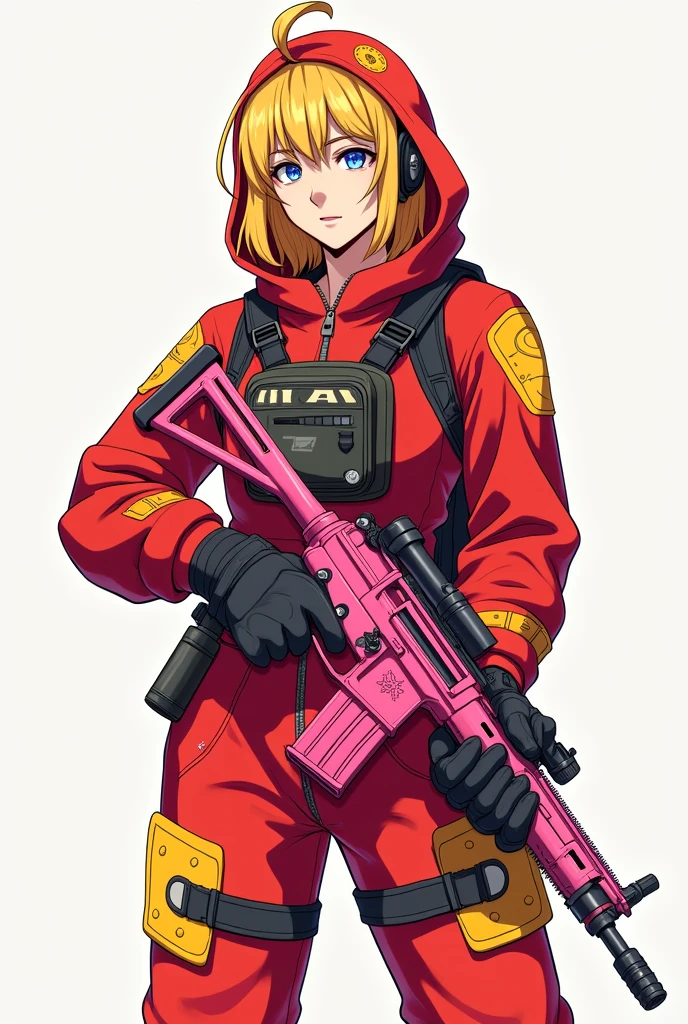 DESSIN VERSION ANIME D UN PERSONAGE FILLE AU CHEVEUX BLOND DU JEUX VIDEO RUST EN HAZMAT ROUGE SUR LA TETE ET JAUNE SUR LE CORT AVEC UNE AK ROSE DANS LES MAINS
