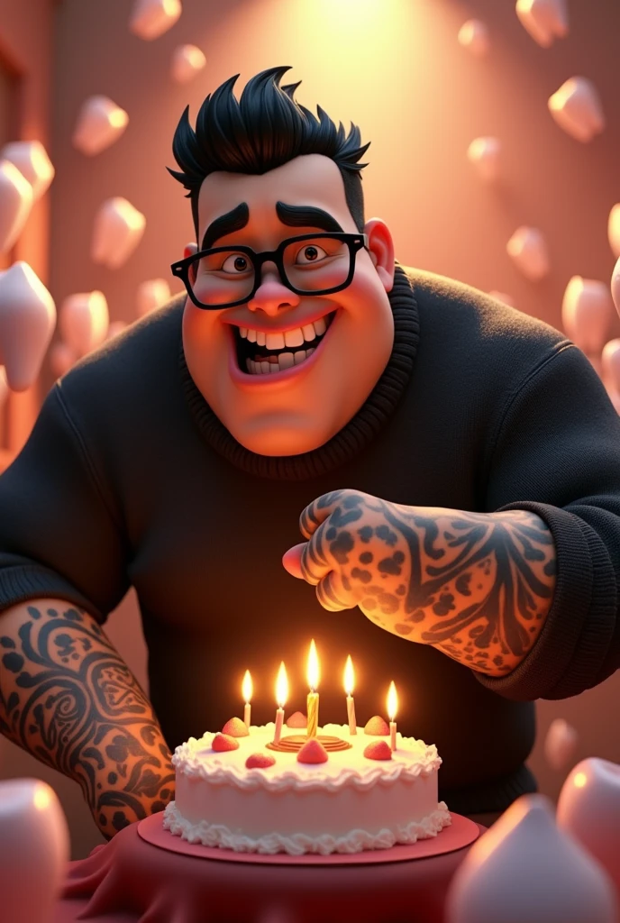 Character illustration in Disney Pixar 3D style of a large-bodied Latino man dressed in a black sweater with a masculine face and cheerful black hair combed to the side with black glasses, Tattooed arms blowing out a birthday cake and surrounded by teeth