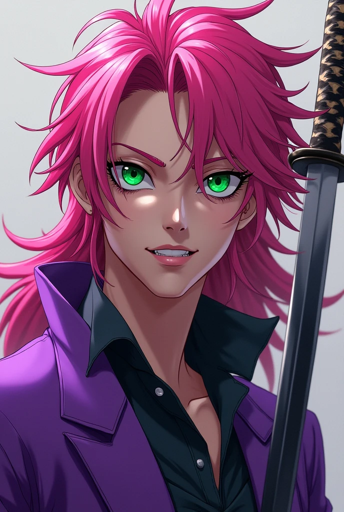 handsome man, with pink mullet, big eyelashes, green eyes, purple outfit. Sanzu Haruchiyo, with a katana. Something crazy