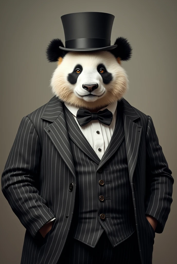 Portrat of Panda dressed in 1820s pinstripe suit and hat