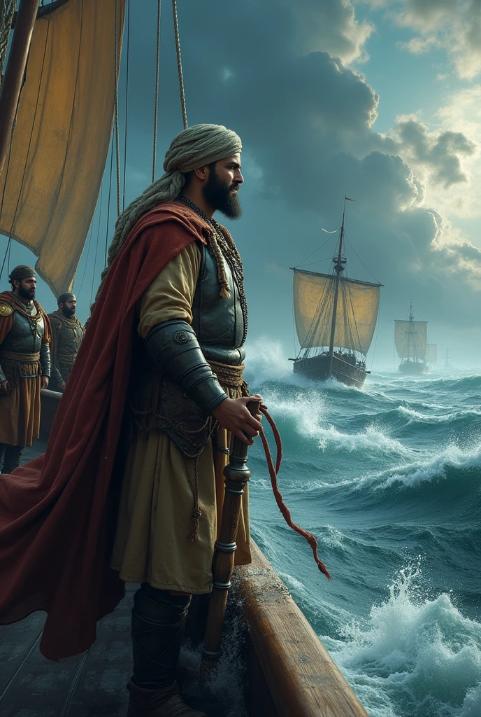 Create an ultra-realistic, cinematic image of Thariq bin Ziyad and his troops crossing a turbulent sea. Thariq is depicted as a Muslim warrior in traditional Islamic attire, wearing a turban along with leather and iron armor, with a determined and resolute expression. He stands at the helm of a ship, gripping the edge with one hand as the wind whips through his attire. His troops, dressed similarly in traditional armor, brave the fierce waves around them. Behind Thariq, the ship is packed with his warriors, all maintaining their balance against the rocking motion of the vessel, ready for battle. Other ships in the fleet can be seen battling the stormy sea in the distance. The scene is set against a dramatic, stormy sky, with dark clouds swirling overhead, occasionally illuminated by flashes of lightning. The churning sea below is depicted with foamy waves crashing against the sides of the ships, emphasizing the danger and intensity of the journey. Utilize epic color grading with deep blues and grays dominating the sea and sky, contrasting with the warm, weathered tones of the warriors' attire and skin. Subtle highlights in gold accentuate Thariq and his men, bringing a sense of heroism and focus to their figures amidst the chaotic environment, creating a balanced and cinematic composition