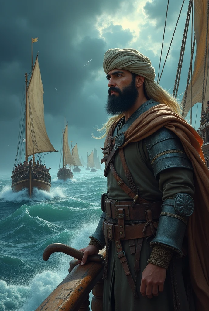 Create an ultra-realistic, cinematic image of Thariq bin Ziyad and his troops crossing a turbulent sea. Thariq is depicted as a Muslim warrior in traditional Islamic attire, wearing a turban along with leather and iron armor, with a determined and resolute expression. He stands at the helm of a ship, gripping the edge with one hand as the wind whips through his attire. His troops, dressed similarly in traditional armor, brave the fierce waves around them. Behind Thariq, the ship is packed with his warriors, all maintaining their balance against the rocking motion of the vessel, ready for battle. Other ships in the fleet can be seen battling the stormy sea in the distance. The scene is set against a dramatic, stormy sky, with dark clouds swirling overhead, occasionally illuminated by flashes of lightning. The churning sea below is depicted with foamy waves crashing against the sides of the ships, emphasizing the danger and intensity of the journey. Utilize epic color grading with deep blues and grays dominating the sea and sky, contrasting with the warm, weathered tones of the warriors' attire and skin. Subtle highlights in gold accentuate Thariq and his men, bringing a sense of heroism and focus to their figures amidst the chaotic environment, creating a balanced and cinematic composition