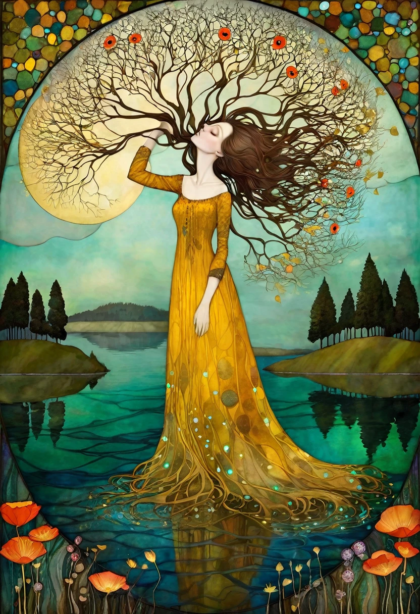 In the Style of Andy Kehoe and Tracy Grimwood, Catrin Welz-Stein, Klimt. yggdrasill tree, large roots like blown glass tubes sinking into the ground, stained glass branches rising high into the sky. Three-quarter view of a lake with mustard-colored, emerald waters. Lying on the shores of the lake woman with dark blond hair, waved by the wind, dress made of flowers and leaves Blooming dandelion flowers, poppies, marsh flowers, orchid flowers. Warm colors, and cold colors skillfully mixed.
