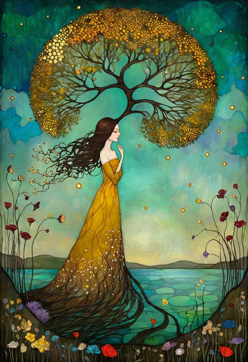 In the Style of Andy Kehoe and Tracy Grimwood, Catrin Welz-Stein, Klimt. yggdrasill tree, large roots like blown glass tubes sinking into the ground, stained glass branches rising high into the sky. Three-quarter view of a lake with mustard-colored, emerald waters. Lying on the shores of the lake woman with dark blond hair, waved by the wind, dress made of flowers and leaves Blooming dandelion flowers, poppies, marsh flowers, orchid flowers. Warm colors, and cold colors skillfully mixed.
