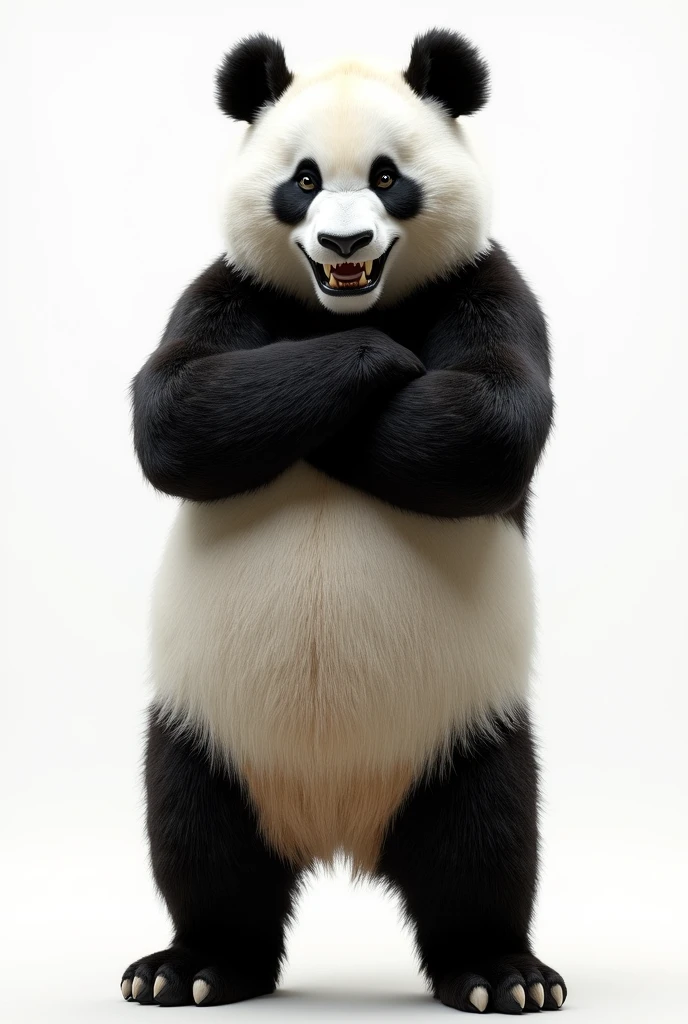 Ultra-realism、masterpiece、Highest quality、Film Grain、Background is white、(((Panda、着ぐるみを着た人みたいなPanda、Arms crossed、Grin、Stand with your feet apart)))、break、(Pandaは恨めしそうに見つめている:1.5)、far and near method, ((masterpiece, best quality, ultra detailed, 8k, photorealistic, hyperrealistic photo)),