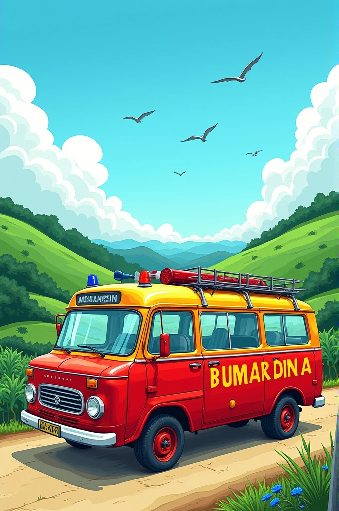 A drawing that has a bus with a landscape in the background with a message written on it "Today we went to visit the military fire department of the state of Paraíba" in drawing