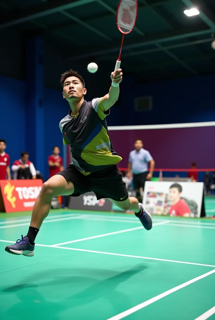 Take a photo with badminton court and a profesniol playing and show a perfect jump smash