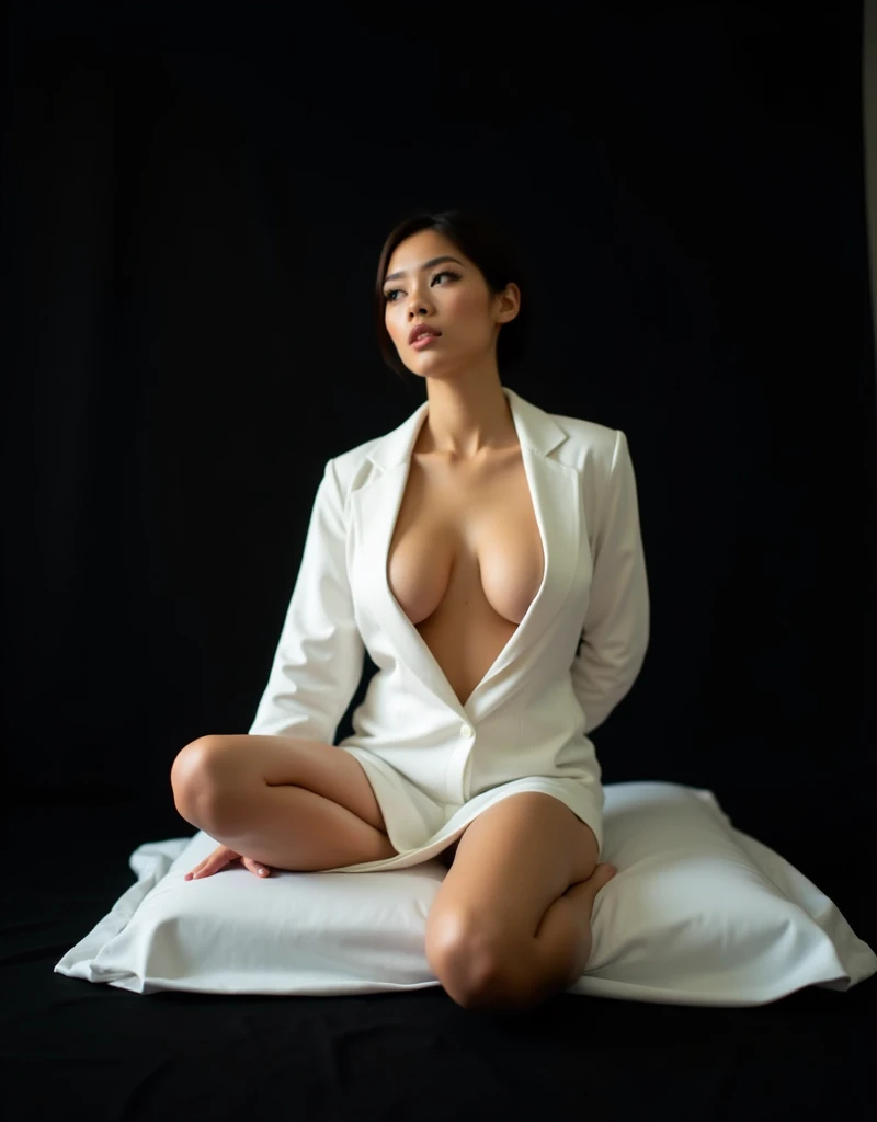 1girl, (photorealistic, high resolution:1.4), ((looking at viewer)), (full body:1.2), (realistic), (photo-realistic :1.2),(sharp focus:1.2), (detailed:1.5), professional lighting, photon mapping, radiosity, physically-based rendering, (pale skin:1.2), portrait , realistic, (masterpiece:1.4), (best quality:1.4), (shiny skin), smile, (slim body:1.5), (white button down-shirt:1.4), see through skin panties, ((black ponytail with bangs)), (Erect nipple:1.2), (wide open breast:1.7), (sweat), plain background, (on the bed), ((spread legs wide open)), camel toe, sexy pose, ((NSFW)), smiling