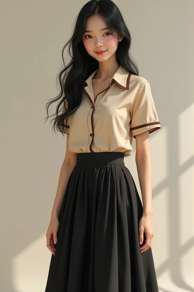 161cm tall girl with long black flared skirt with some pleats and beige vintage Beatles blouse with short sleeves and a darker shade of brown