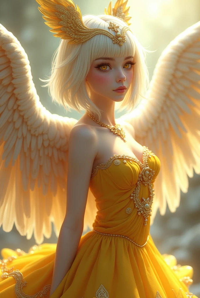 Character with white skin color, with short hair with straight bangs, with yellow highlights, honey colored eyes, wearing a yellow and gold floral dress with griffin symbols, a griffin headpiece, and a griffin necklace