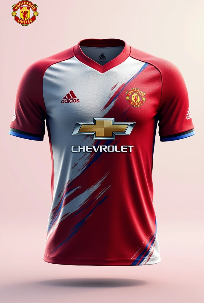 Create an jersey of Manchester United by colour spitting mixing of colours red and white mostly with a little touch of blue in it