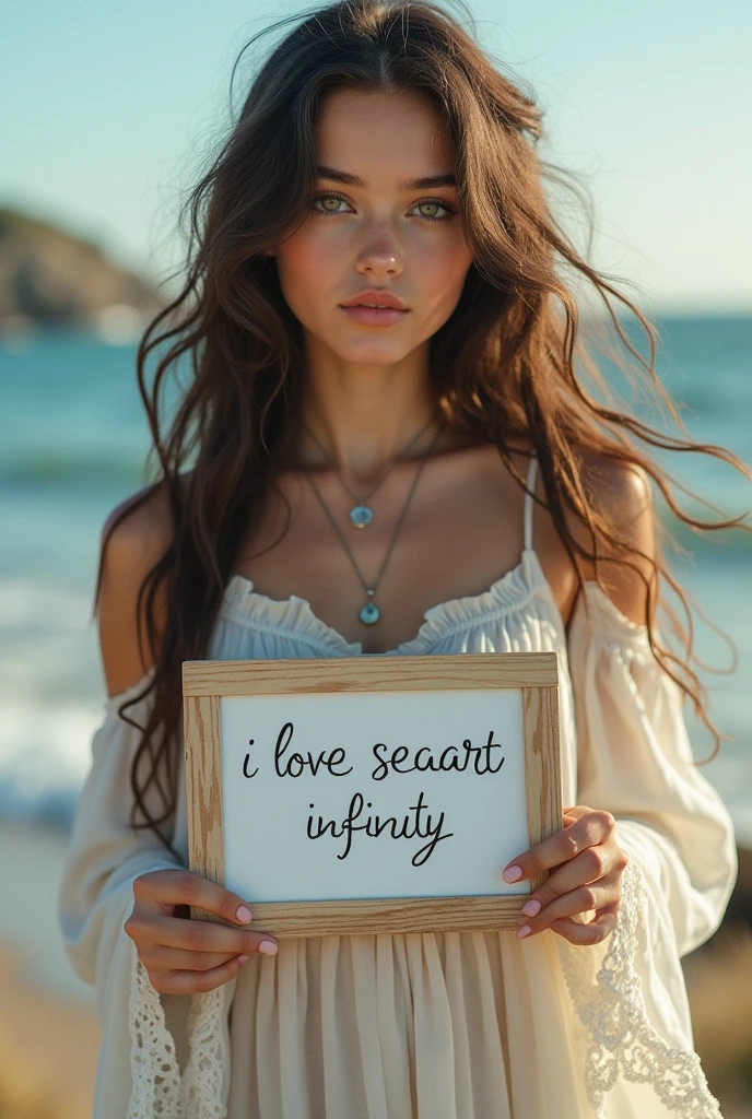 Beautiful girl with wavy long hair, bohemian dress, holding a white board with text "I Love Seaart Infinity" and showing it to the viewer