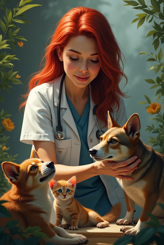 dark red haired female veterinarian caring for wild animals 