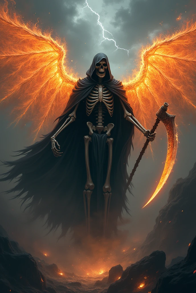 Grim reaper flying with fiery wings