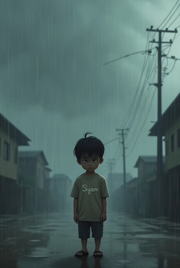 A alone boy in a sad pose at at the time of raining
with written the name Siyam with the name Siyam in front of the shirt