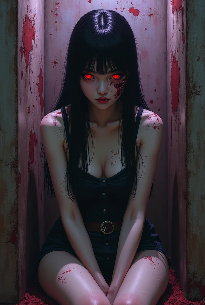 Oil-painting illustration of a pale Korean woman with a dichotomous face, sitting expressionless in a decaying experimentation complex, one side of her face is zombie-like featuring a rotten eye while the other side remains beautiful, dark black hair with ultra-straight full bangs cascading downwards, red glowing eyes radiating an eerie allure as she gazes at the viewer, clothed in a short outfit, surrounded by an atmosphere of decay with dark hues of purple, red, black