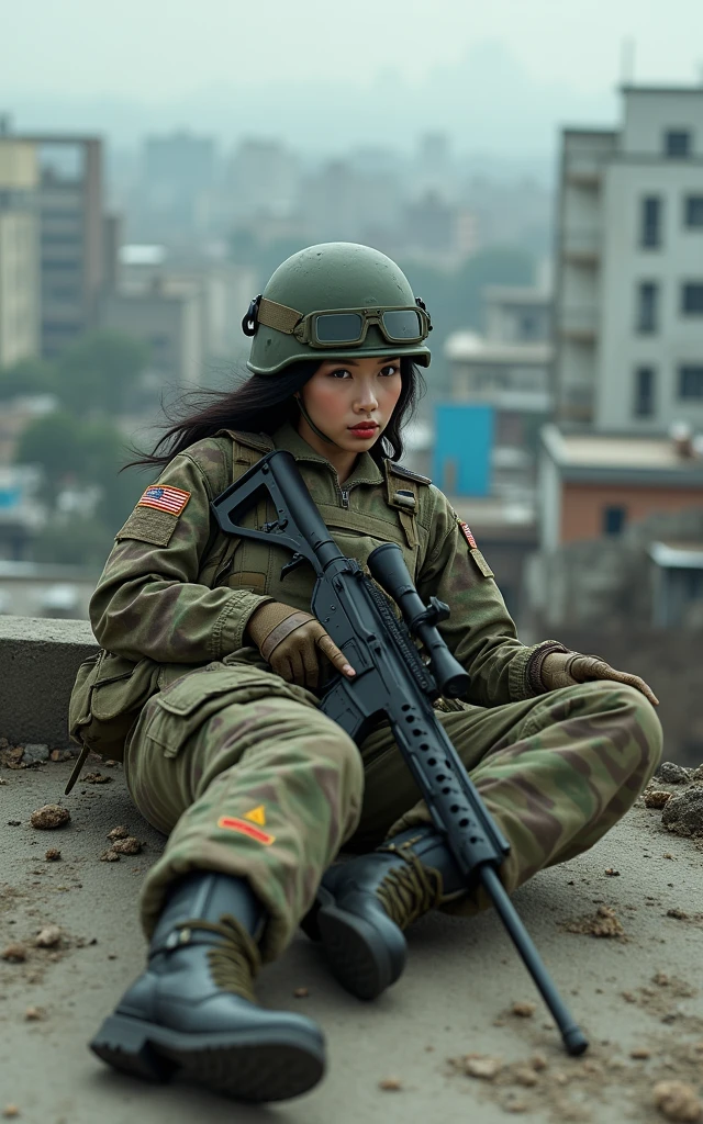 24 year old, Filipino Woman, tanned bronze skin, wearing marine corps uniform, fighting on the battlefield, strong muscles, world war, modern war theme, army girl, rifle, (holding a rifle: 1.3), (aiming and holding rifle: 1.3), soldier girl, infantry girl, shootout, air raid, air strike, military, camouflage uniform, burning vehicle, warzone, battlefield, war, ruins, explosion, burning city, smoke, torn tank top, belly button, gloves, torn military pants, face stained with mud and blood, sweaty skin, bloody skin, mud-stained skin, small, cleavage, expression of determination, rigorous expression, highest quality, ultra-high resolution, absurdity, realistic, physically based rendering, cinematic lighting, complex and cinematic appearance, cinematic soft light, soothing tone, battlefield background, urban war background, photorealistic, cowboy shot, dynamic angle