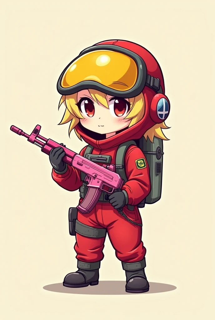 DESSIN VERSION CHIBI D UN PERSONAGE FILLE AU CHEVEUX BLOND DU JEUX VIDEO RUST EN HAZMAT ROUGE SUR LA TETE ET JAUNE SUR LE CORT AVEC UNE AK ROSE DANS UNE MAINS ET DANS L4AUTRE ELLE LEVE LA VISIERE DE SON HAZMAT
