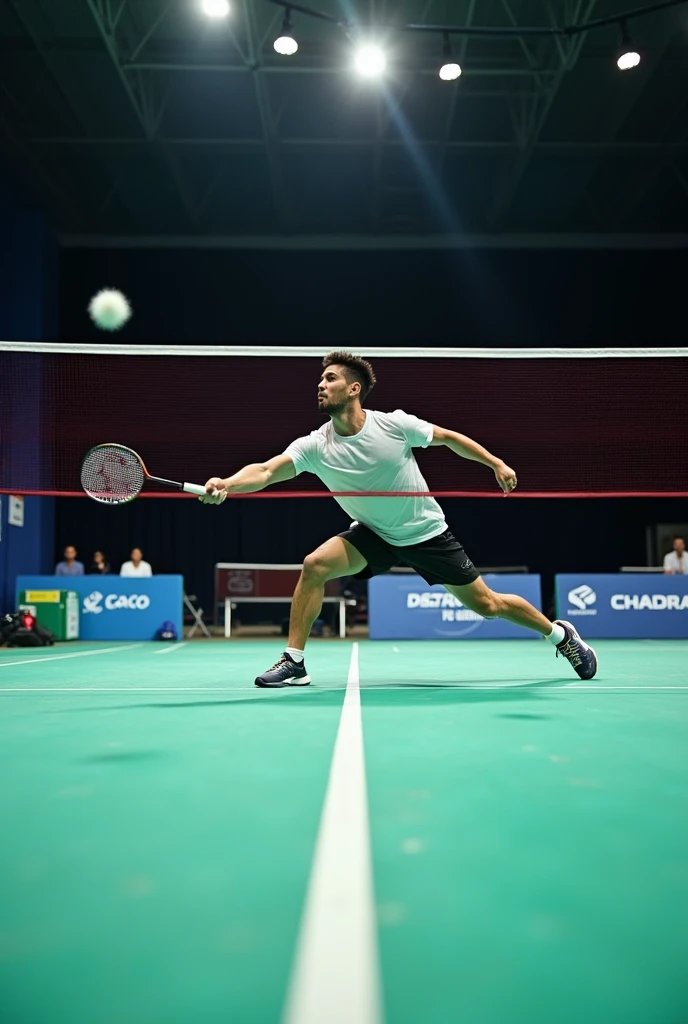 Take a photo with badminton court and a profesniol  playing  and show a perfect 
smash