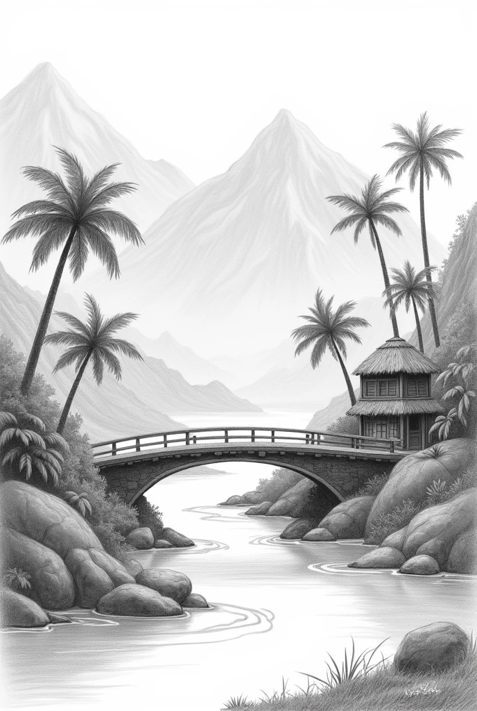 Simple Landscape sketch with mountain river coconut tree houses and land bridge  with pencil 