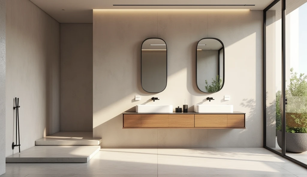 Interior design , restroom  , with modern, planned and minimalist furniture in the northeast of Brazil , ultra realisitic , ultra-realistic render , 4 K , 16:9