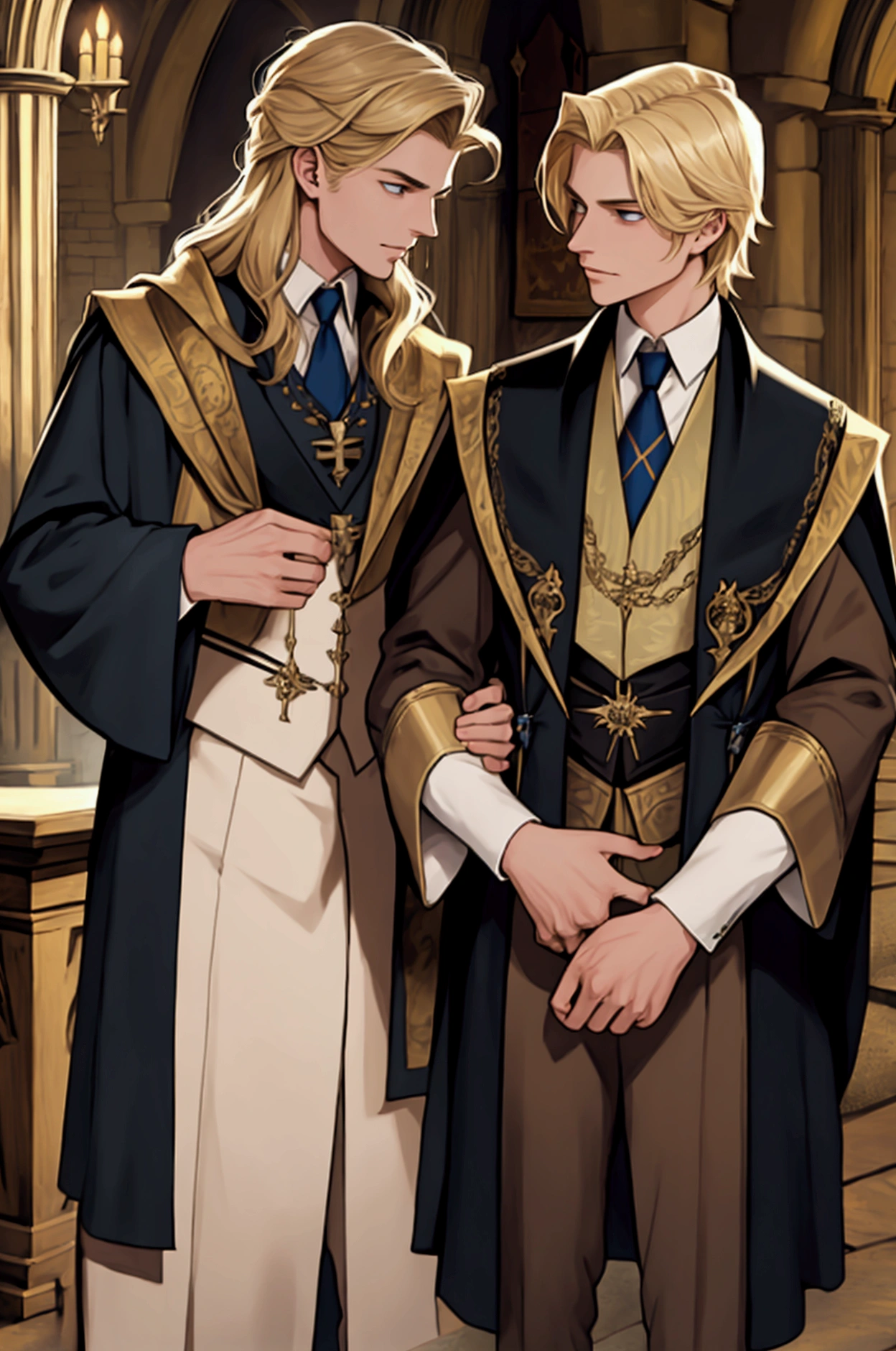 Two aristocratic guys. Odrn blond, another brunette. Hogwarts. high quality.