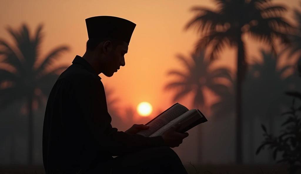 (photorealism:1.2), A silhouette picture of a Muslim man, wearing a traditional black cap typical of Indonesia, is doing daily activities reading the Quran is located on the left side of the frame