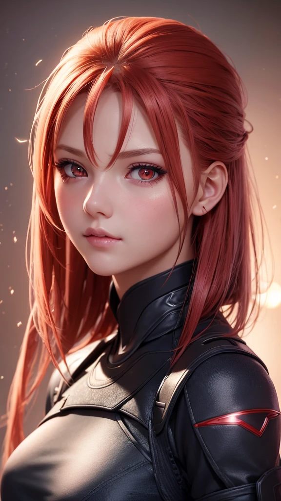 1girl, star eye, blush, perfect illumination, red hair, red eyes, unreal engine, sidelighting, detailed face, bangs, bright skin, simple background, dark background