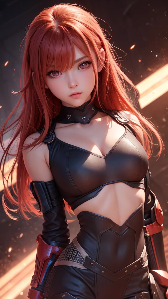 1girl, star eye, blush, perfect illumination, red hair, red eyes, unreal engine, sidelighting, detailed face, bangs, bright skin, simple background, dark background