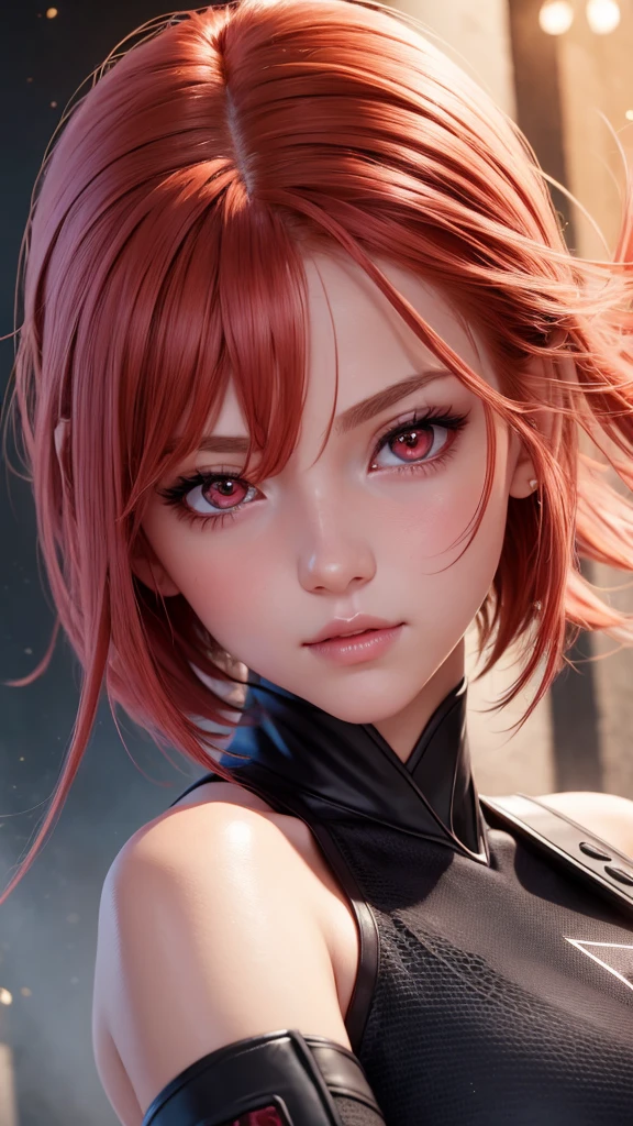 1girl, star eye, blush, perfect illumination, red hair, red eyes, unreal engine, sidelighting, detailed face, bangs, bright skin, simple background, dark background