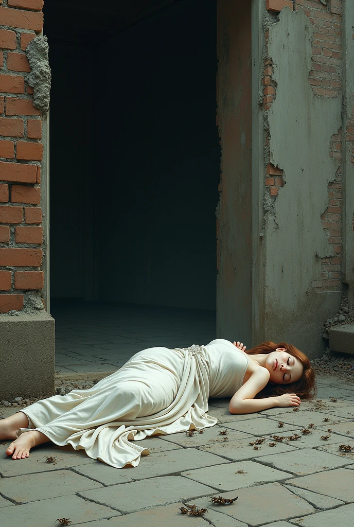 Sleeping goddess sprawled in front of a dirty brick building with bugs crawling around on the street