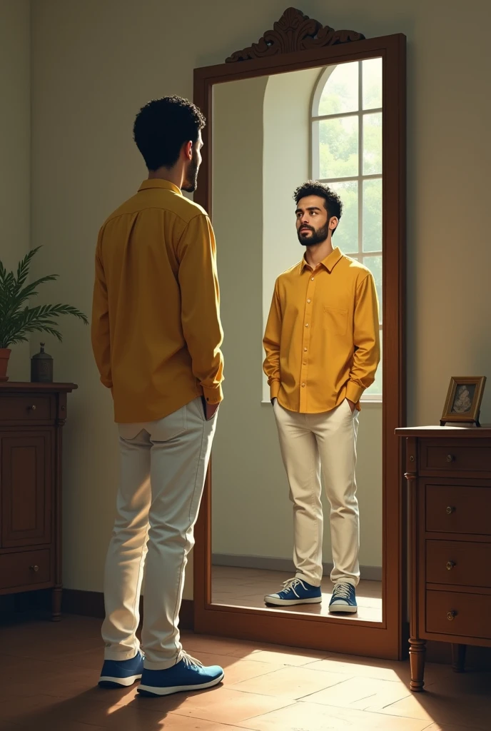 "The medium height, medium build white man with short, curly black hair, white skin, brown eyes, and a goatee is wearing a yellow dress shirt, white pants, and blue sneakers. He stands in front of a bedroom mirror in a Catholic monastery, with the soft light of the late afternoon filtering through the window. As he looks at his reflection, he sees himself as overweight, unattractive, and unkempt. The scene captures a moment of self-reflection and dissatisfaction in the serene setting of the monastery room."