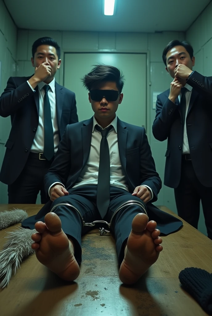 Malaysia malay handsome 19 years student
He laugh very hard
His hand handcuff in abondon warehouse
Blindfolded
handcuff
Casual Outfit Black Vase White Tie
Focus sweaty feet on desk
Evil man Rub his feet
Black Tomaz shoe on desk
feather duster on desk
Black dirty sock on desk
2 evil mafia
Rub his feet