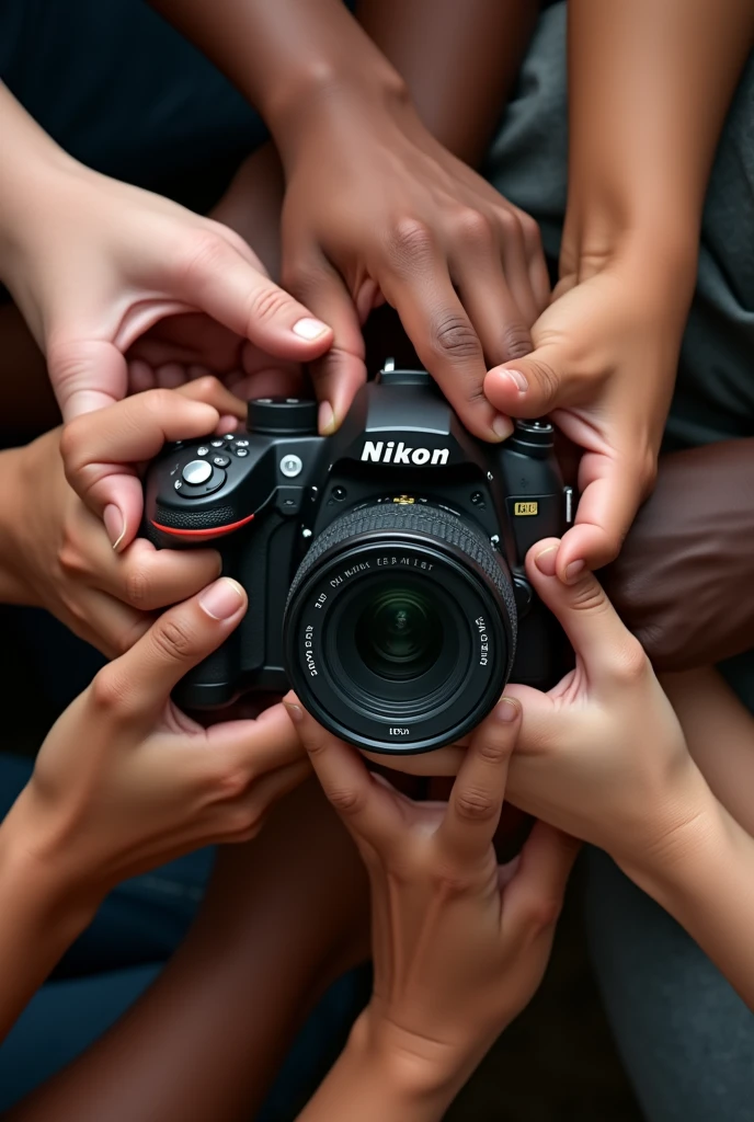 several hands of different colors holding a nikon camera