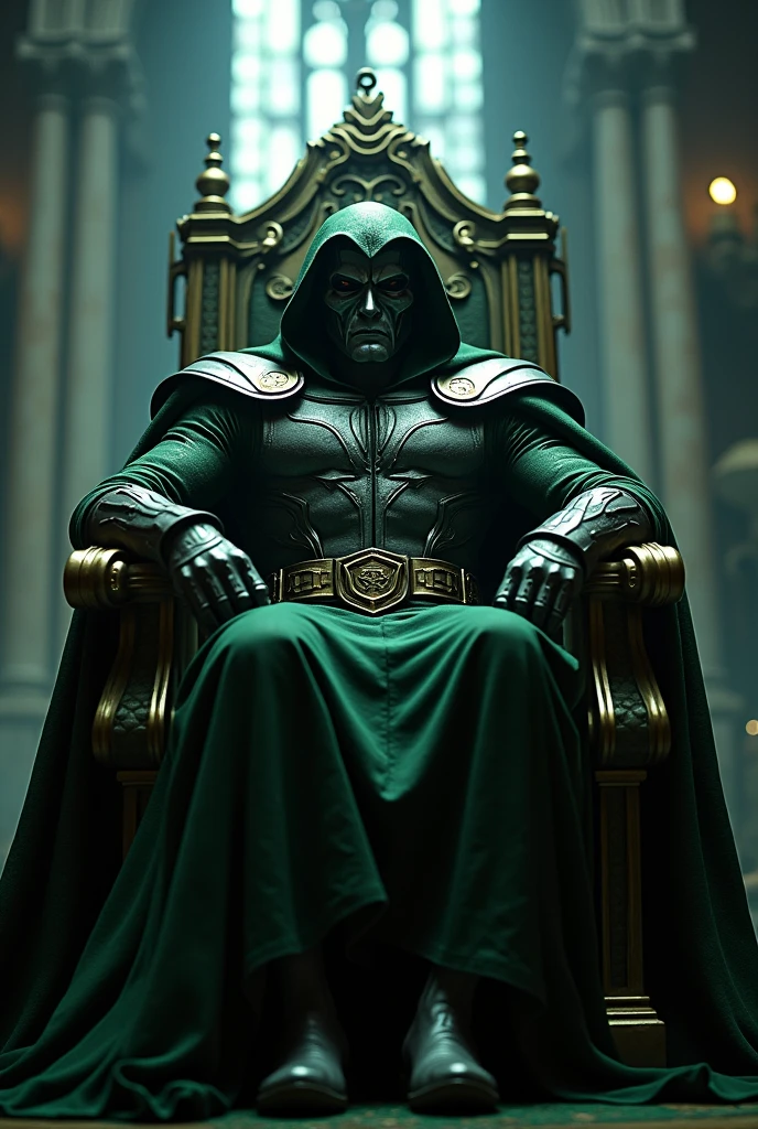 Robert downey junior Dr. Doom , the infamous Marvel Comics supervillain, sits upon his high tech throne, clad in his signature hightech suit of armor, his mask glinting in the dim light of his Latverian castle, as he plots his next move to conquer the world