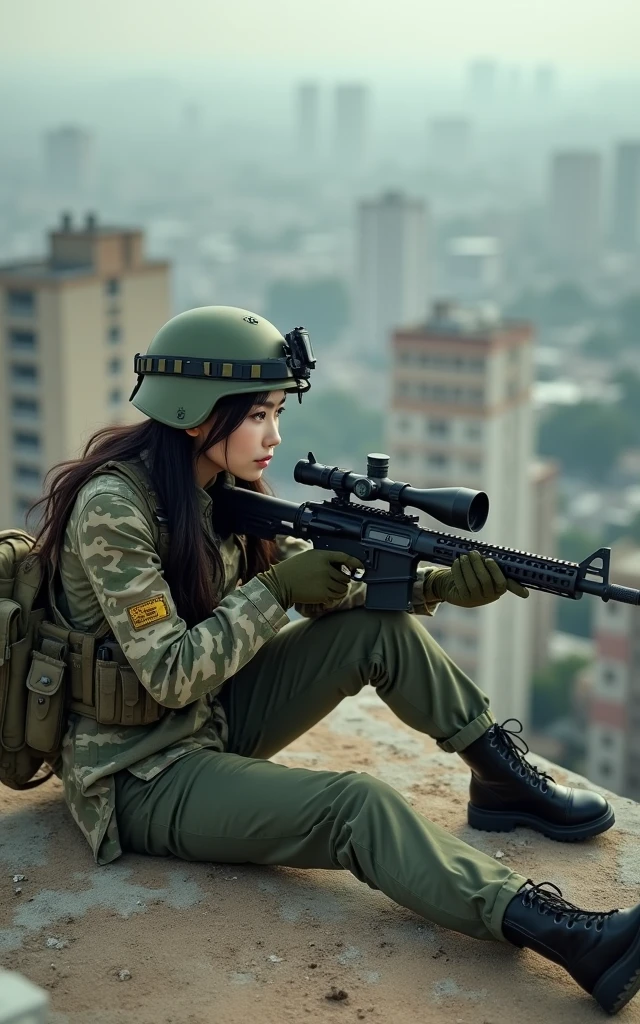 Ultra-high resolution,High-resolution details,Photo real, , (1 Korean female sniper,Super beautiful,Super white face), (Wearing Army Camouflage Uniform Camouflage Pants,Wearing a military helmet), Large breasts, (Tactical Vest, Military wiring harness), (Military boots)(Lying on the ground aiming with a sniper)98k、On the rooftop of a dilapidated high-rise building(full-body shot,panorama distant view,Wide-angle lens)American soldiers prepare