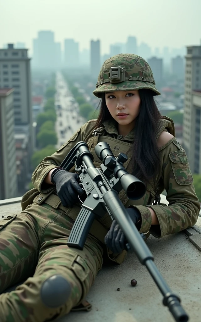 Ultra-high resolution,High-resolution details,Photo real, , (1 Korean female sniper,Super beautiful,Super white face), (Wearing Army Camouflage Uniform Camouflage Pants,Wearing a military helmet), Large breasts, (Tactical Vest, Military wiring harness), (Military boots)(Lying on the ground aiming with a sniper)98k、On the rooftop of a dilapidated high-rise building(full-body shot,panorama distant view,Wide-angle lens)American soldiers prepare