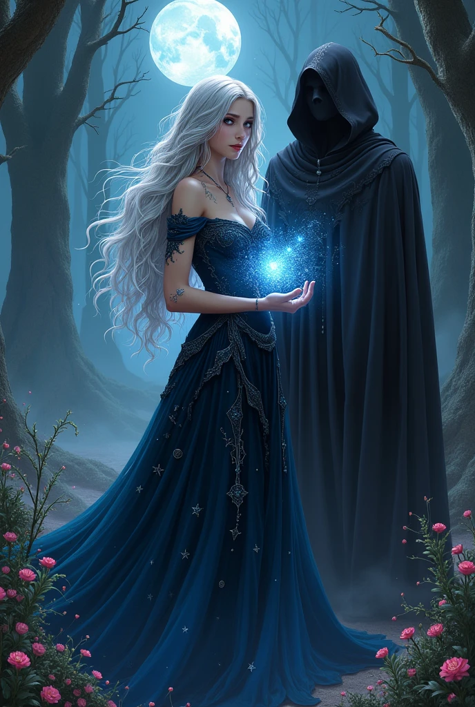 A woman with long, wavy hair, with silver locks that shine under the moonlight. Hair looks almost ethereal, as if floating lightly, the eyes a deep shade of blue, like a night sky, with small silver sparks that resemble stars. They have a hypnotic glow, almost as if they reflected the moonlight. Furthermore, the pupil is slightly elongated, giving a mysterious and predatory touch, like a vampire&#39;s.
the skin is pale with a slight glow reminiscent of nighttime luminescence. Small constellation markings can adorn your arms and face, wearing a long, flowing dress, made of a fabric that appears to change color between deep blue and black, with silver embroidery, it is in the center, com um olhar intenso, holding a magical artifact. 
Beside her the shadowy figure of a man with a menacing aura.
In a setting that mixes elements of nature and magic, like an enchanted forest with tall trees and bright flowers, but also with sinister shadows that suggest danger.
With symbols and runes that represent both blood (like drops or marks) as the charms (como estrelas).