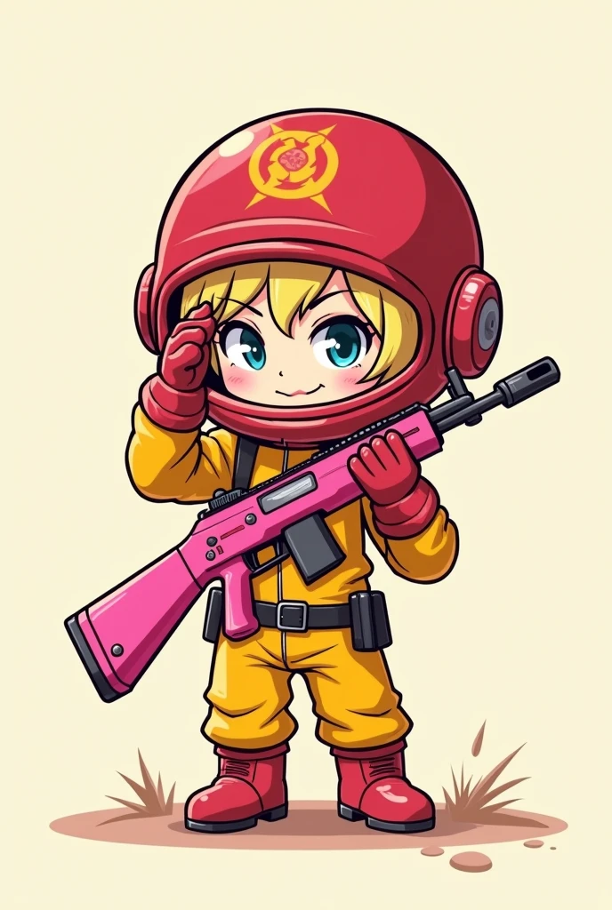 DESSIN VERSION CHIBI D UN PERSONAGE FILLE AU CHEVEUX BLOND DU JEUX VIDEO RUST EN HAZMAT QUI EST ROUGE SUR LA TETE ET JAUNE SUR LE CORT AVEC UNE AK ROSE DANS UNE MAINS ET DANS L4AUTRE ELLE LEVE LA VISIERE DE SON HAZMAT