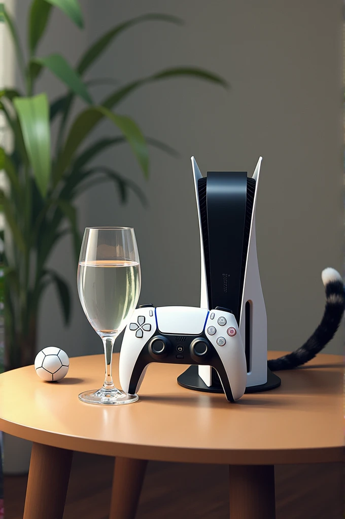 A table with a glass of water and a PS5 controller with a cat's tail and a soccer ball in the background, The glass of water and the PS5 controller are the protagonists