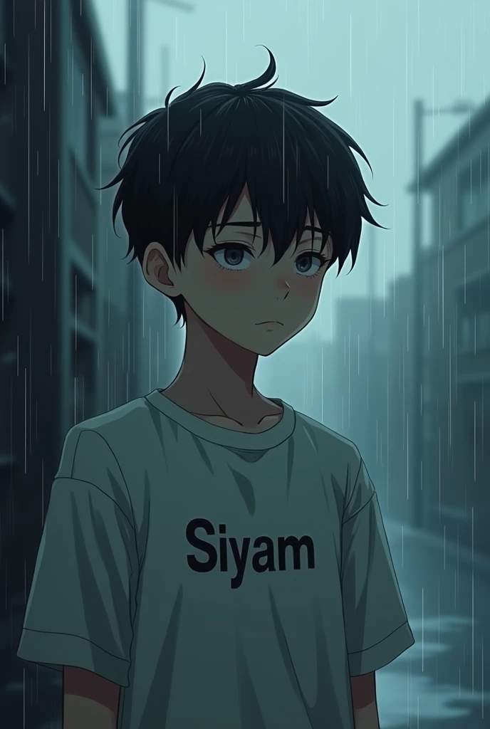 A alone boy in a sad pose at at the time of raining 
with written the name Siyam with the name Siyam in front of the shirt  the anime  is about 20 years old 
