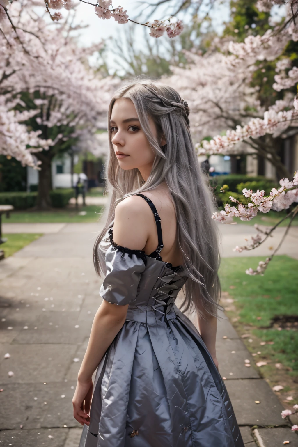 Masterpiece, best quality, complicated, long hair, silver hair, conjunctivitis, set, court, Gothic, arms behind back, outdoor, Standing and admiring cherry blossoms, depth of field, good eyes