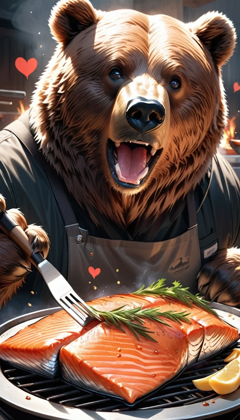 Ultra-realistic, Higuma, A brown bear is roasting meat on the bone, Has spatulas in its front paws, It's grilled so deliciously.., (Heart Eyes:1.37,) Drooling, appetite, Hunger, endure,