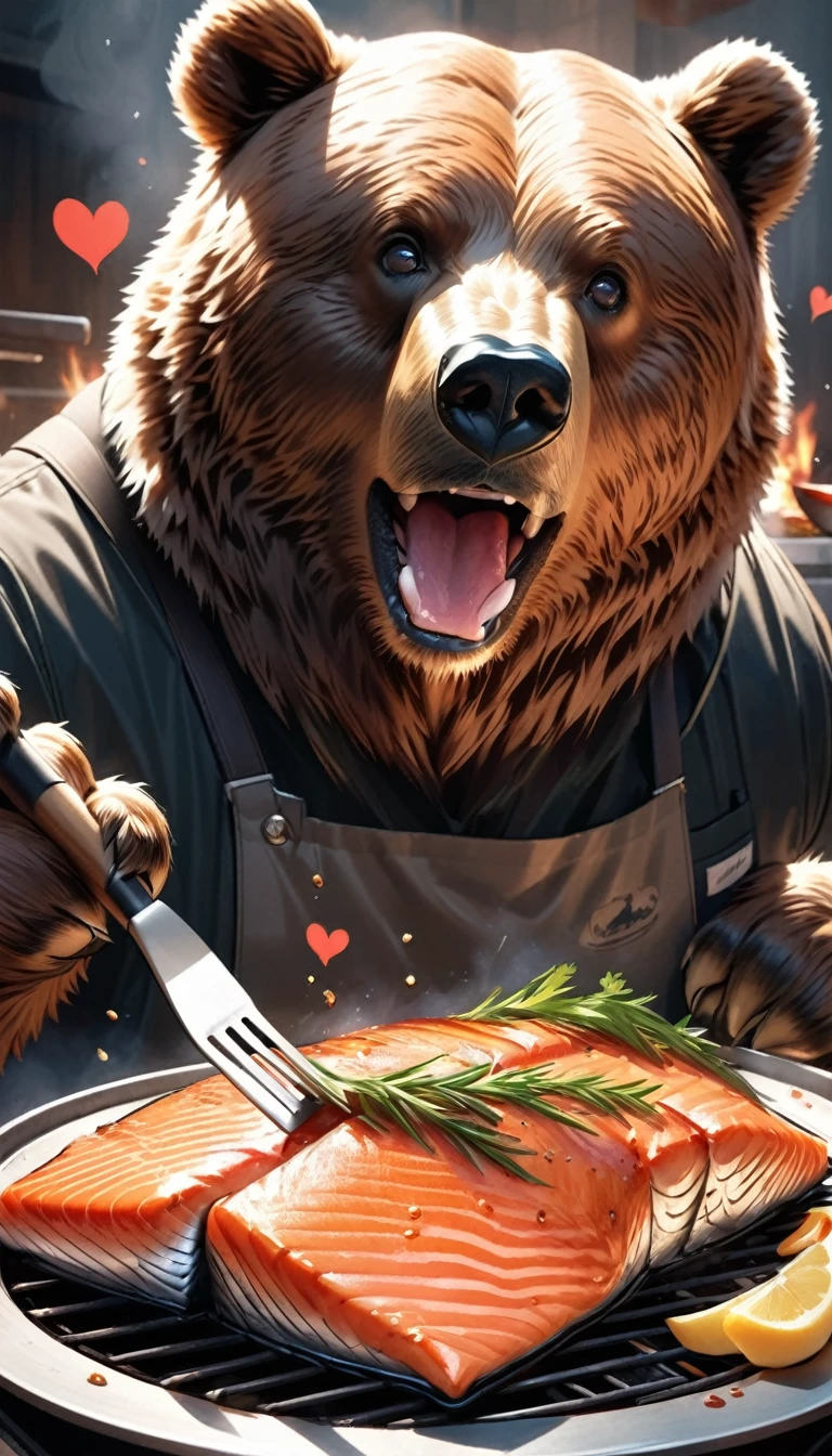 Ultra-realistic, Higuma, A brown bear is roasting meat on the bone, Has spatulas in its front paws, It's grilled so deliciously.., (Heart Eyes:1.37,) Drooling, appetite, Hunger, endure,
