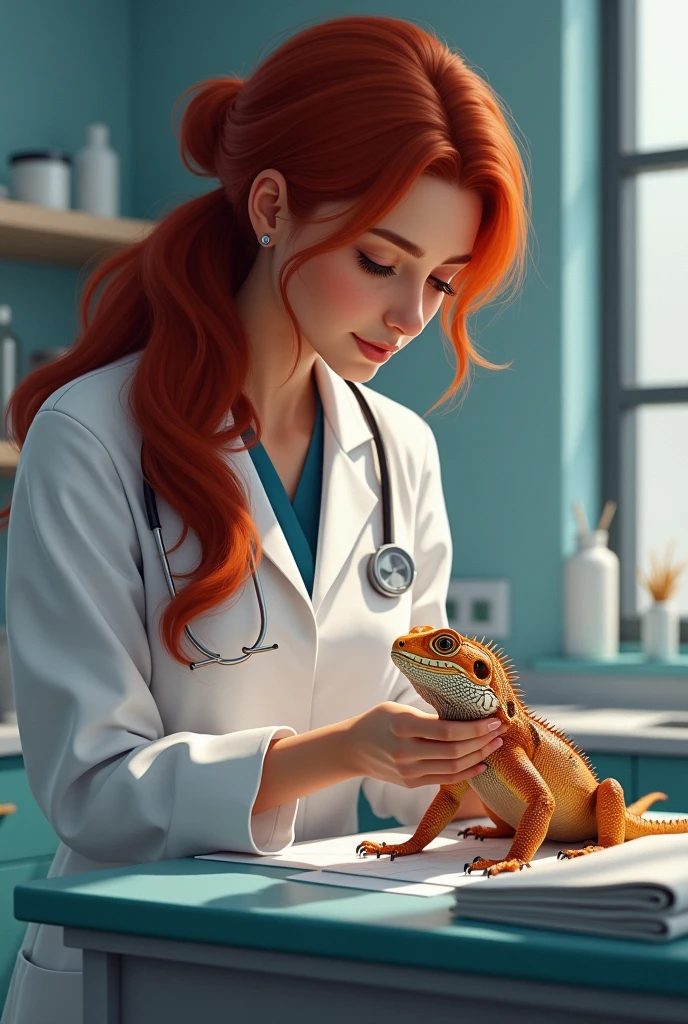 dark red haired female veterinarian caring for a lizard