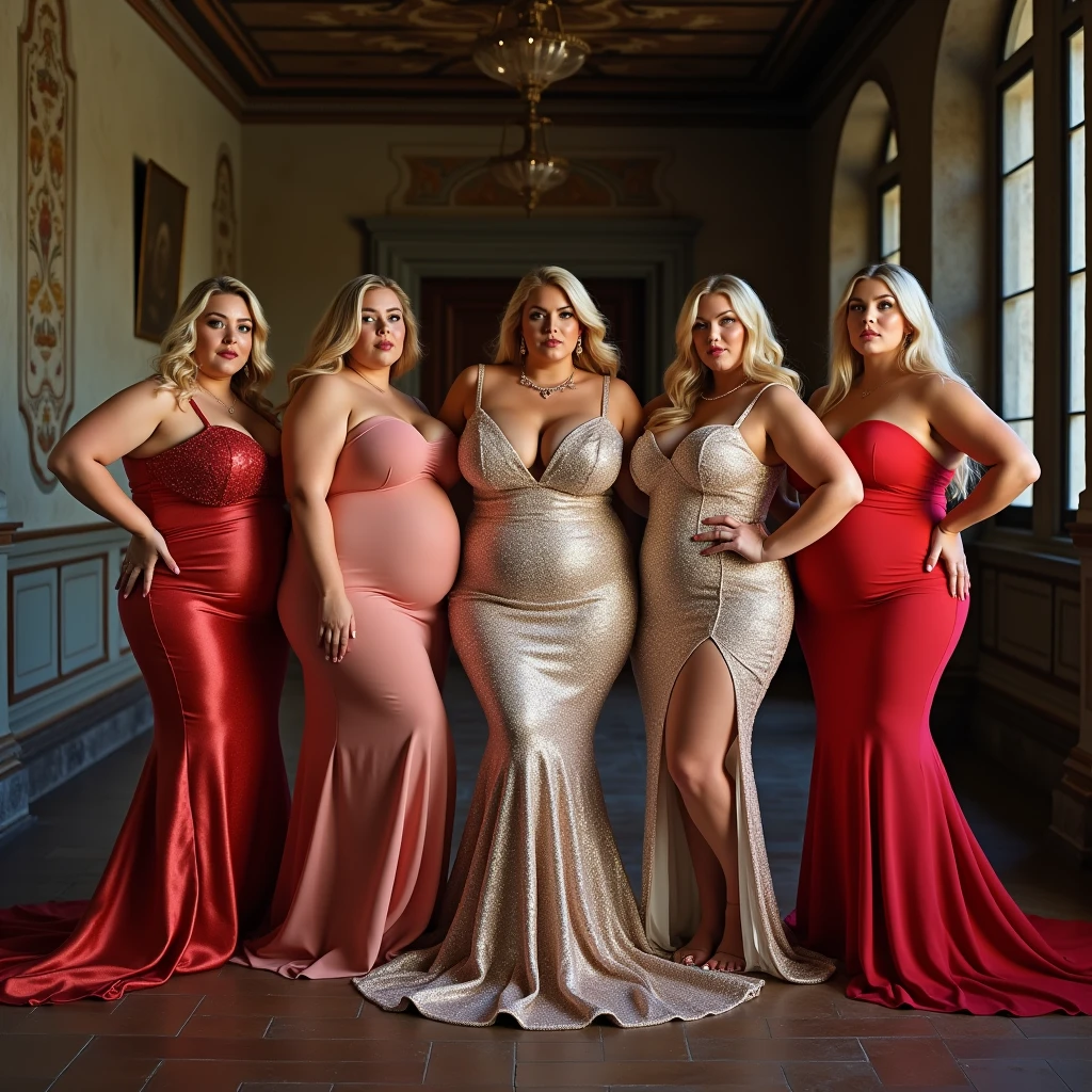 Five plus size model women have a lot of fat on their stomachs and buttocks and weigh 150kg, they gained weight by eating too much, they are blonde haired obese women with very big stomachs and buttocks, they are plus size models and their whole body is covered with a lot of fat, they are queens wearing glittering and gorgeous dresses for the promotion of a high-end brand of formal wear, they are taking a photo shoot in an old castle, 4K quality